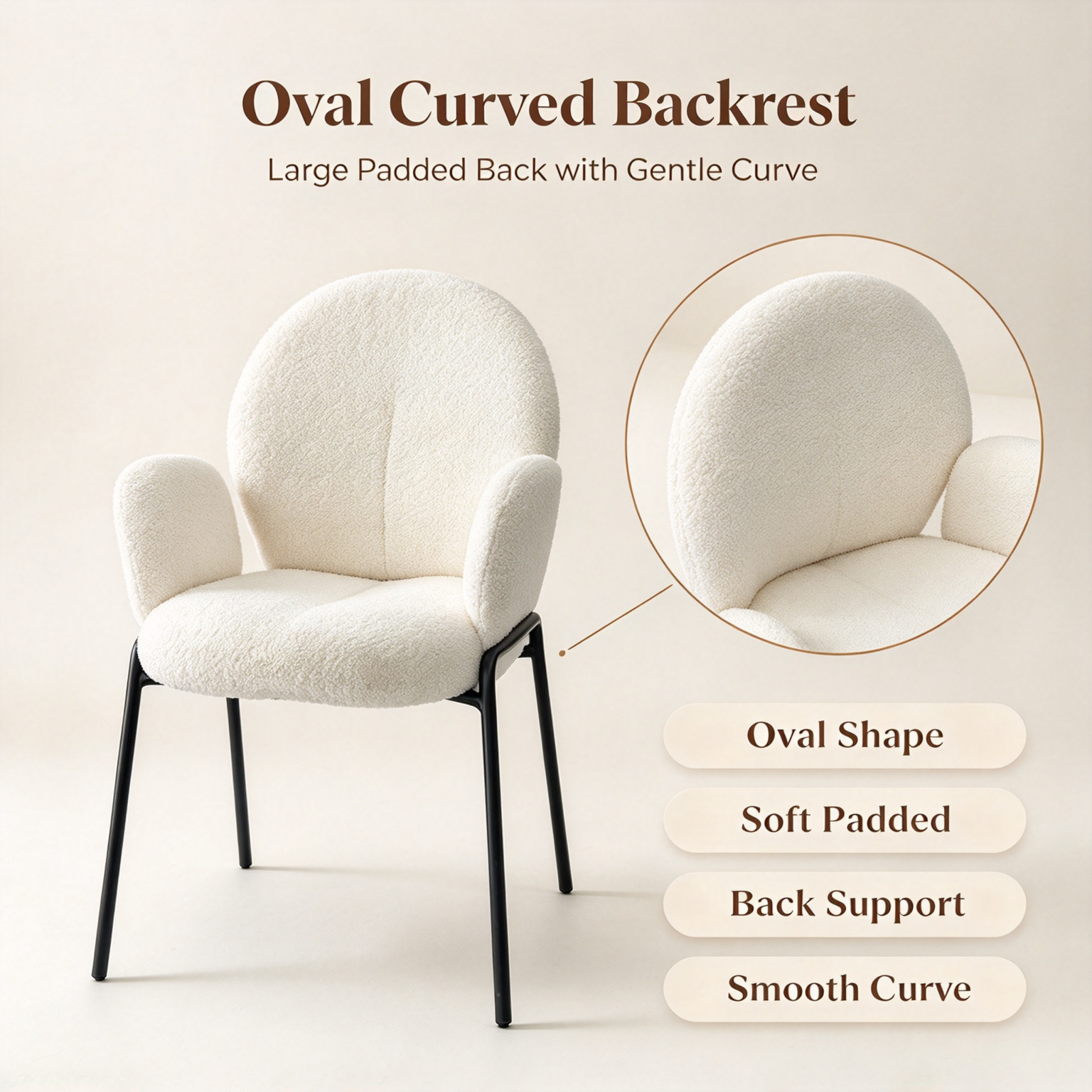 Modern Minimalist Boucle Accent Chair | Soft Cloud Armchair with Black Metal Legs for Living Room & Dining Room