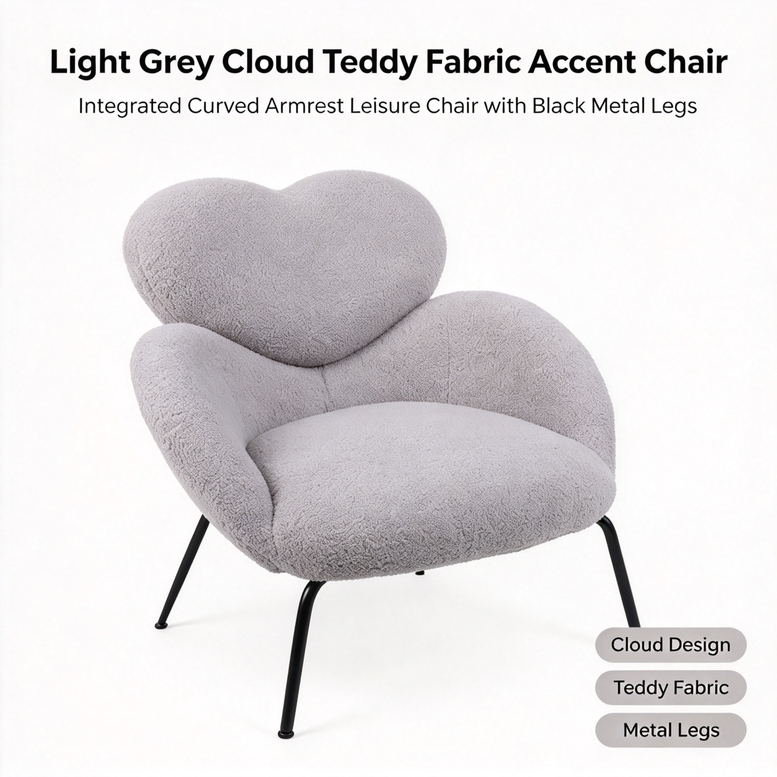 Modern Minimalist Boucle Accent Chair | Soft Cloud Armchair with Black Metal Legs for Living Room & Dining Room