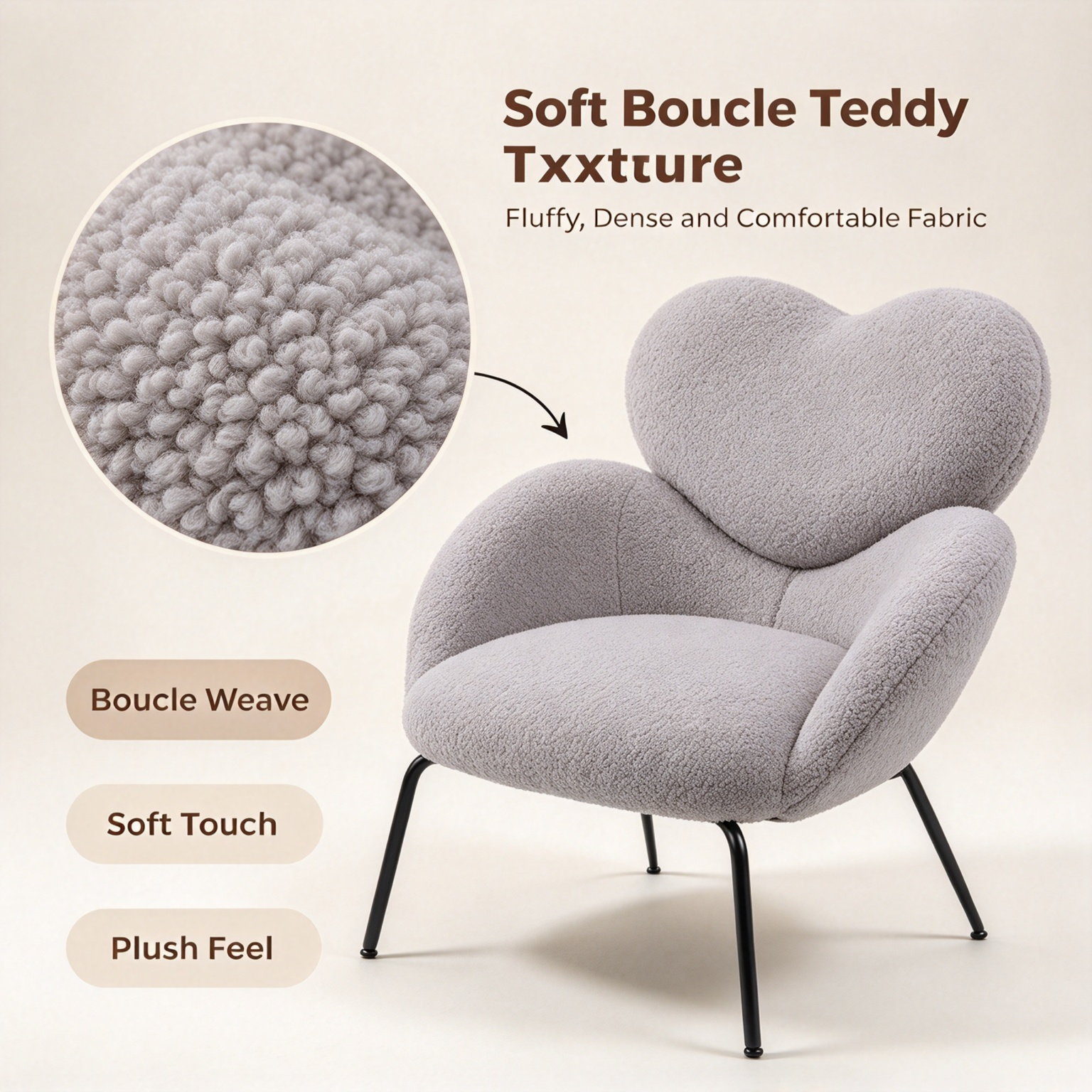 Modern Minimalist Boucle Accent Chair | Soft Cloud Armchair with Black Metal Legs for Living Room & Dining Room