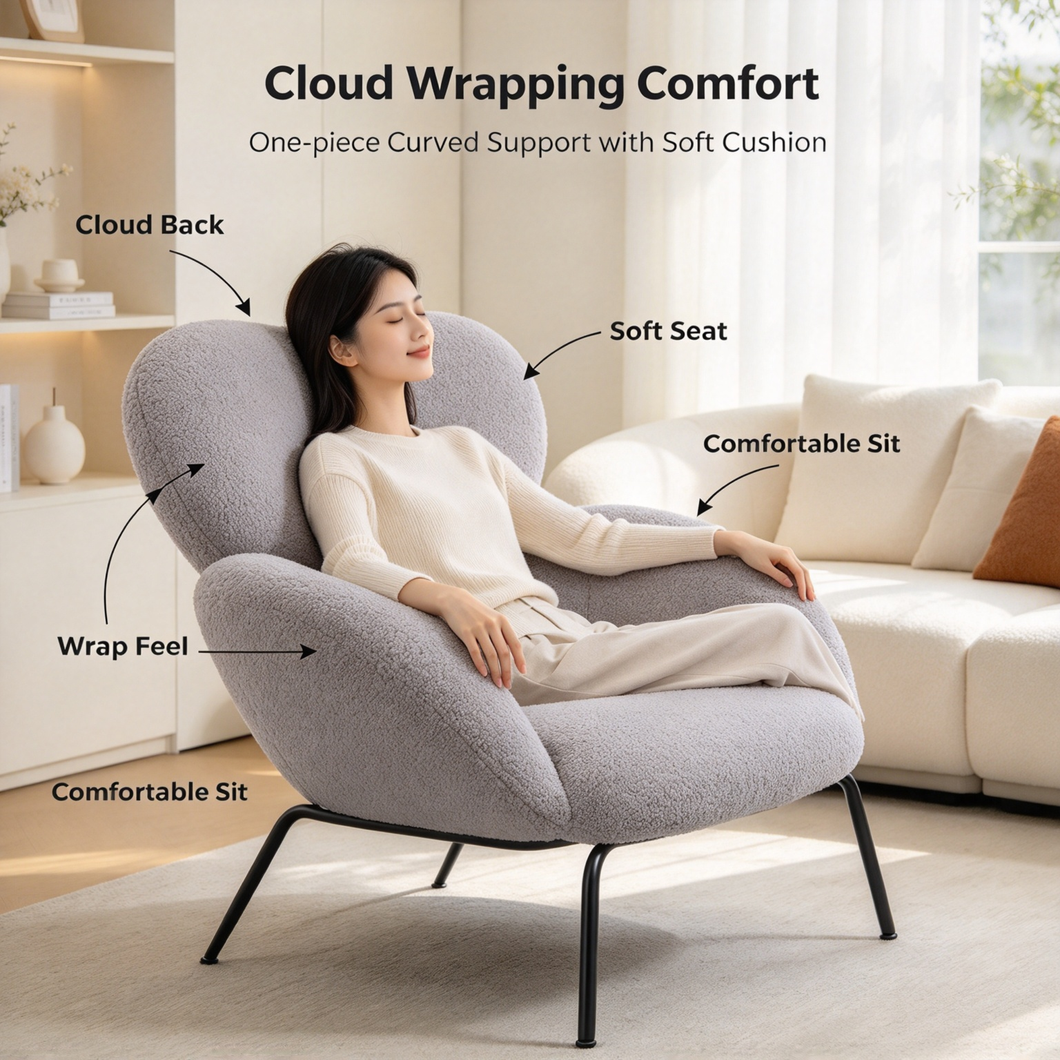 Modern Minimalist Boucle Accent Chair | Soft Cloud Armchair with Black Metal Legs for Living Room & Dining Room