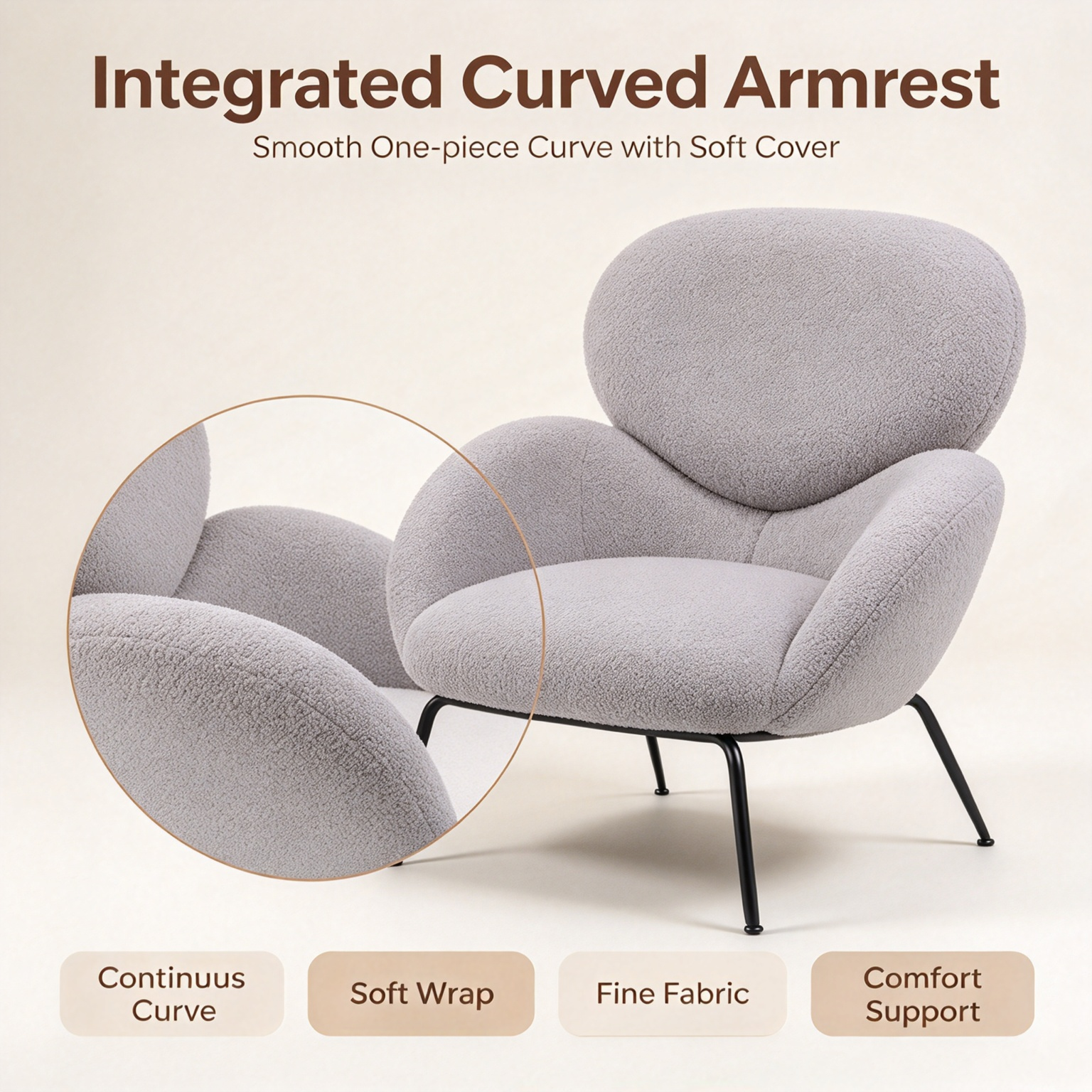 Modern Minimalist Boucle Accent Chair | Soft Cloud Armchair with Black Metal Legs for Living Room & Dining Room