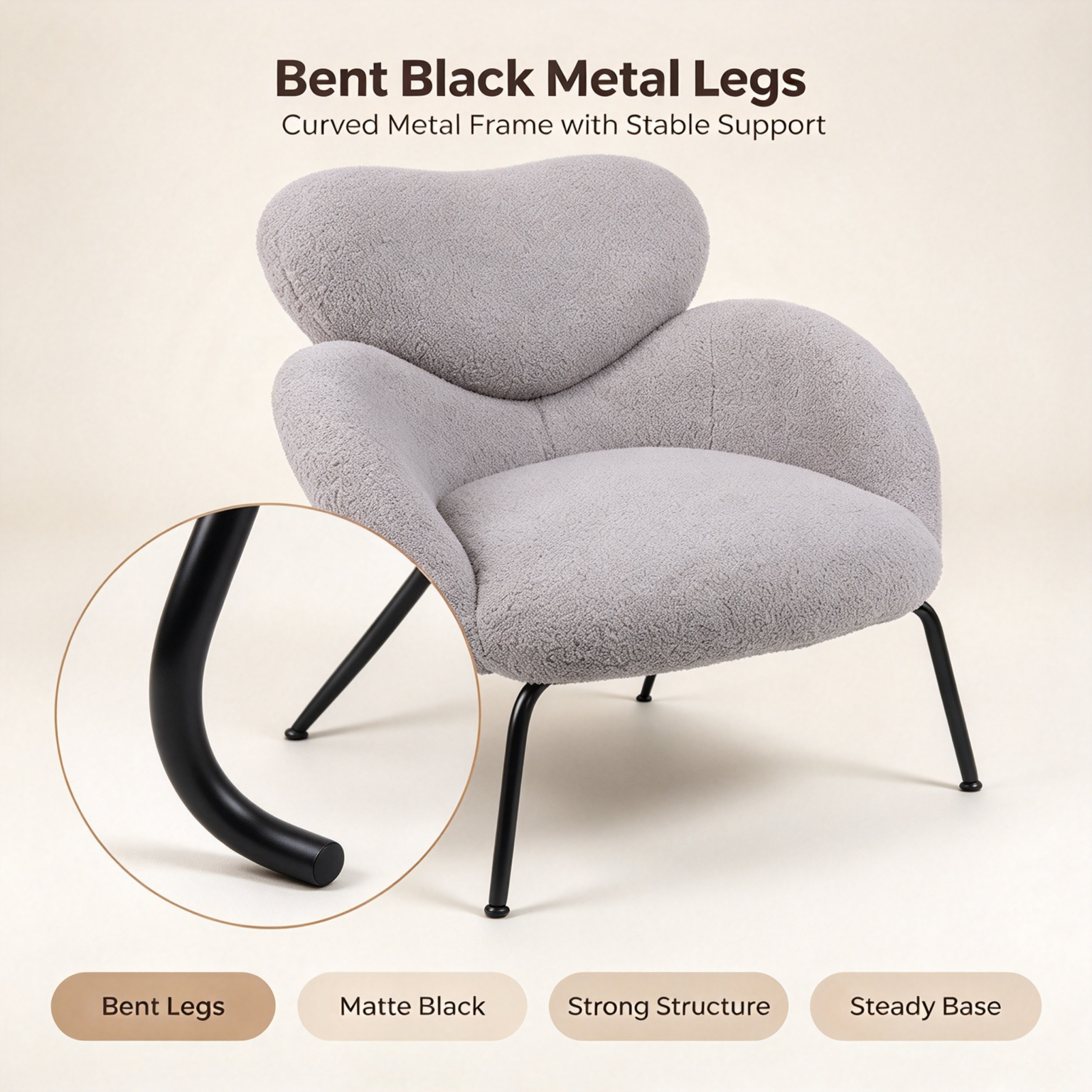 Modern Minimalist Boucle Accent Chair | Soft Cloud Armchair with Black Metal Legs for Living Room & Dining Room