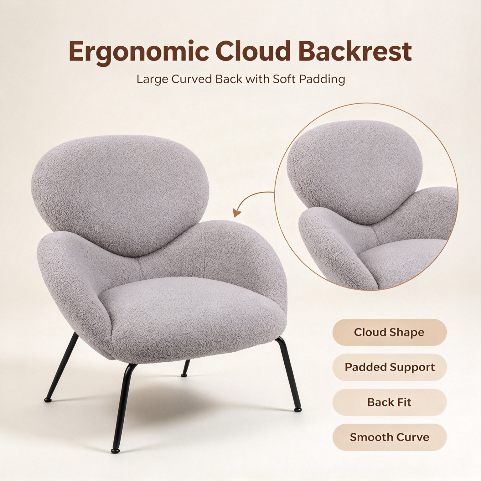 Modern Minimalist Boucle Accent Chair | Soft Cloud Armchair with Black Metal Legs for Living Room & Dining Room