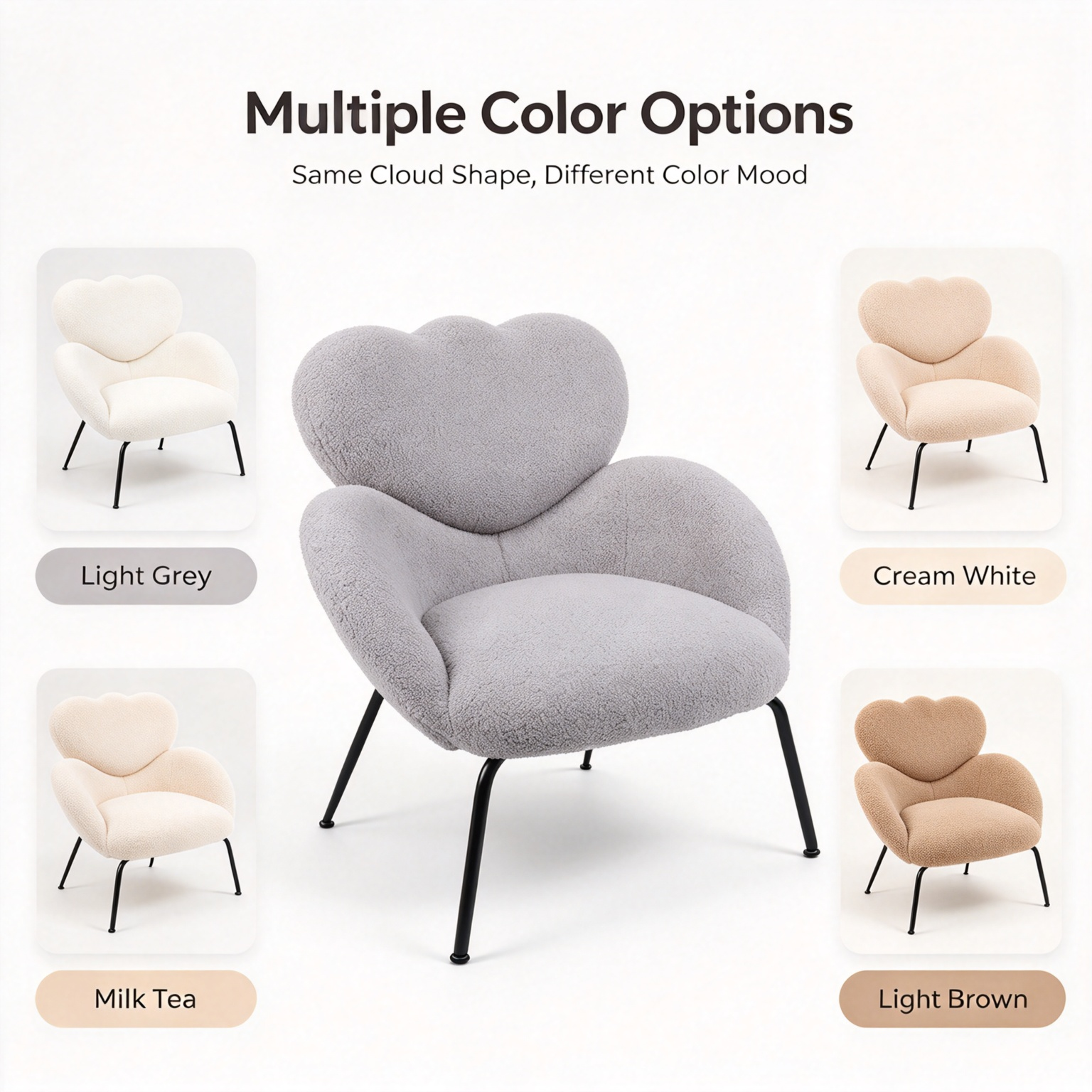 Modern Minimalist Boucle Accent Chair | Soft Cloud Armchair with Black Metal Legs for Living Room & Dining Room