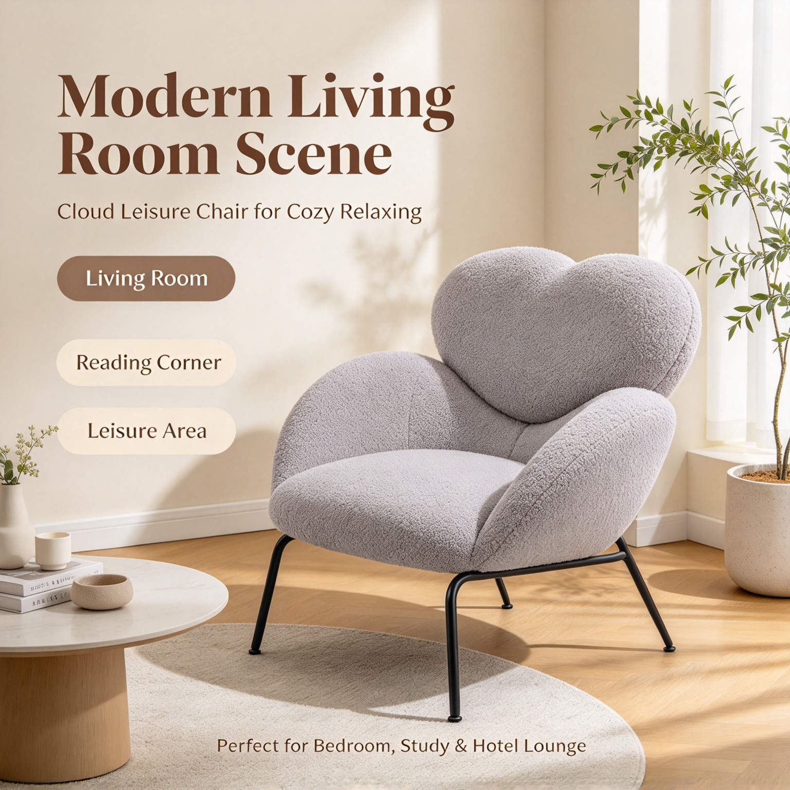 Modern Minimalist Boucle Accent Chair | Soft Cloud Armchair with Black Metal Legs for Living Room & Dining Room