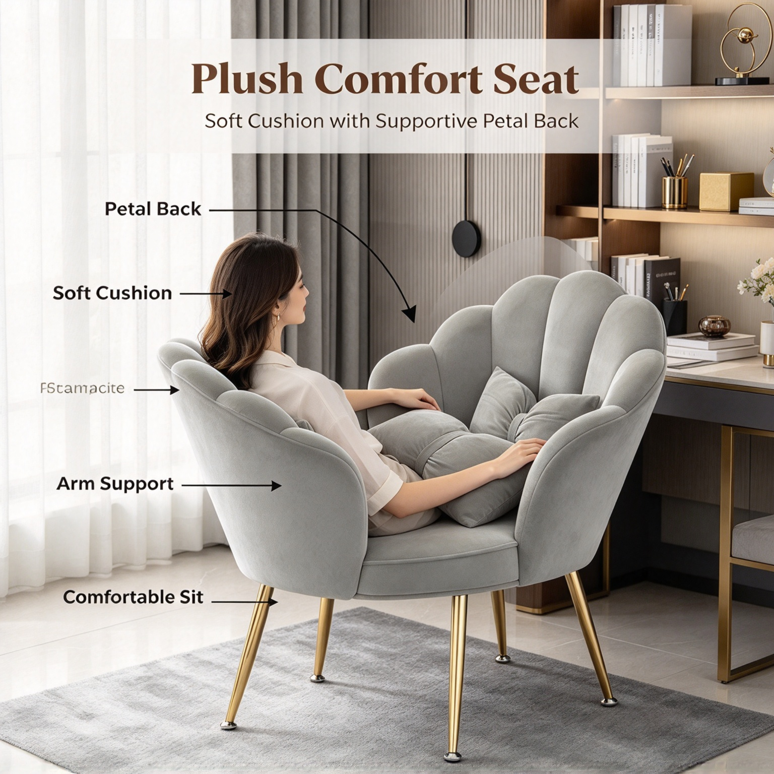 Modern Luxury Velvet Accent Chair | Tulip Petal Dining Chair with Gold Metal Legs for Living Room Bedroom