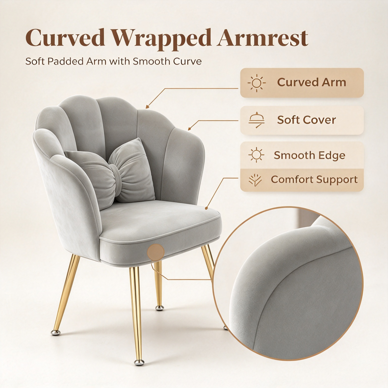 Modern Luxury Velvet Accent Chair | Tulip Petal Dining Chair with Gold Metal Legs for Living Room Bedroom