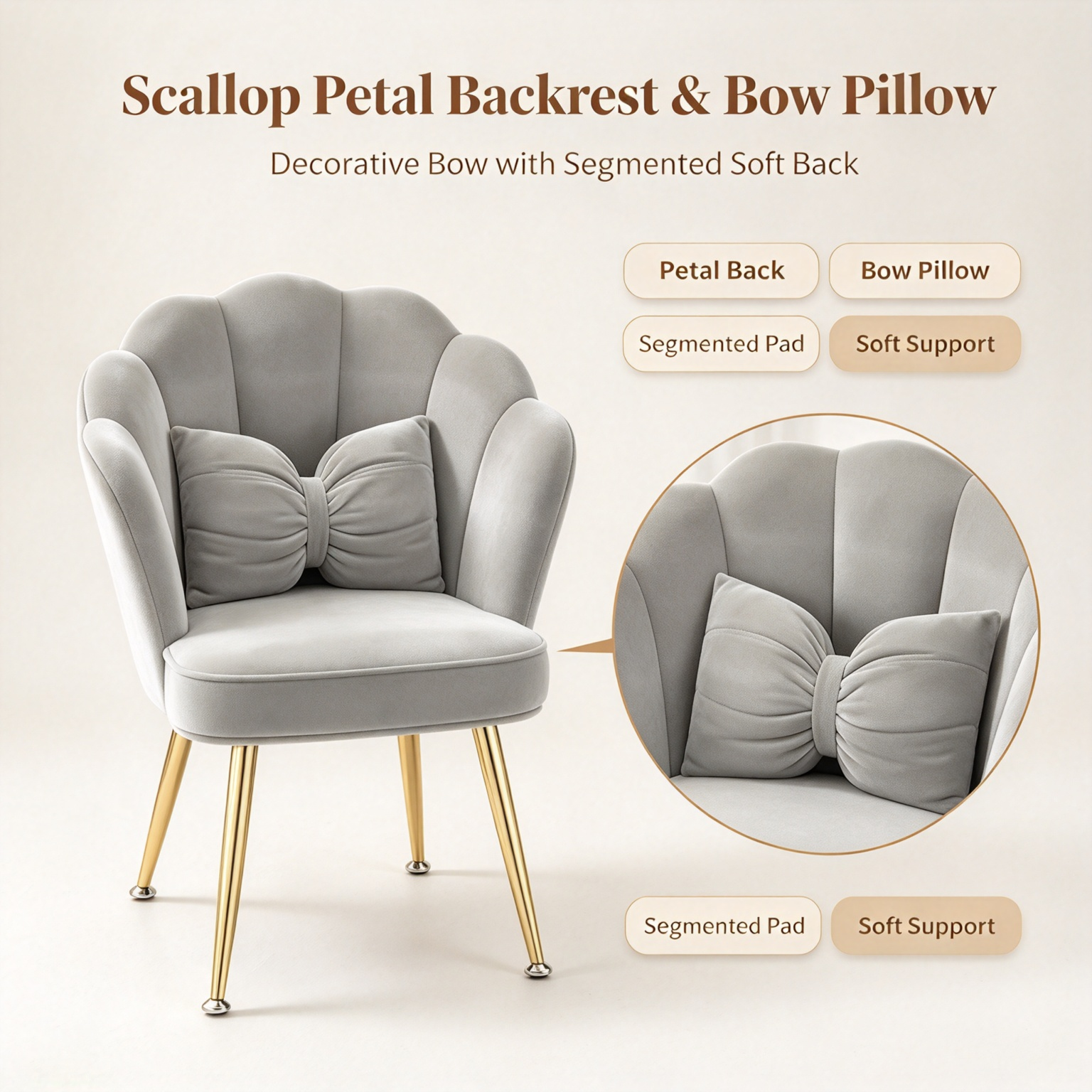 Modern Luxury Velvet Accent Chair | Tulip Petal Dining Chair with Gold Metal Legs for Living Room Bedroom