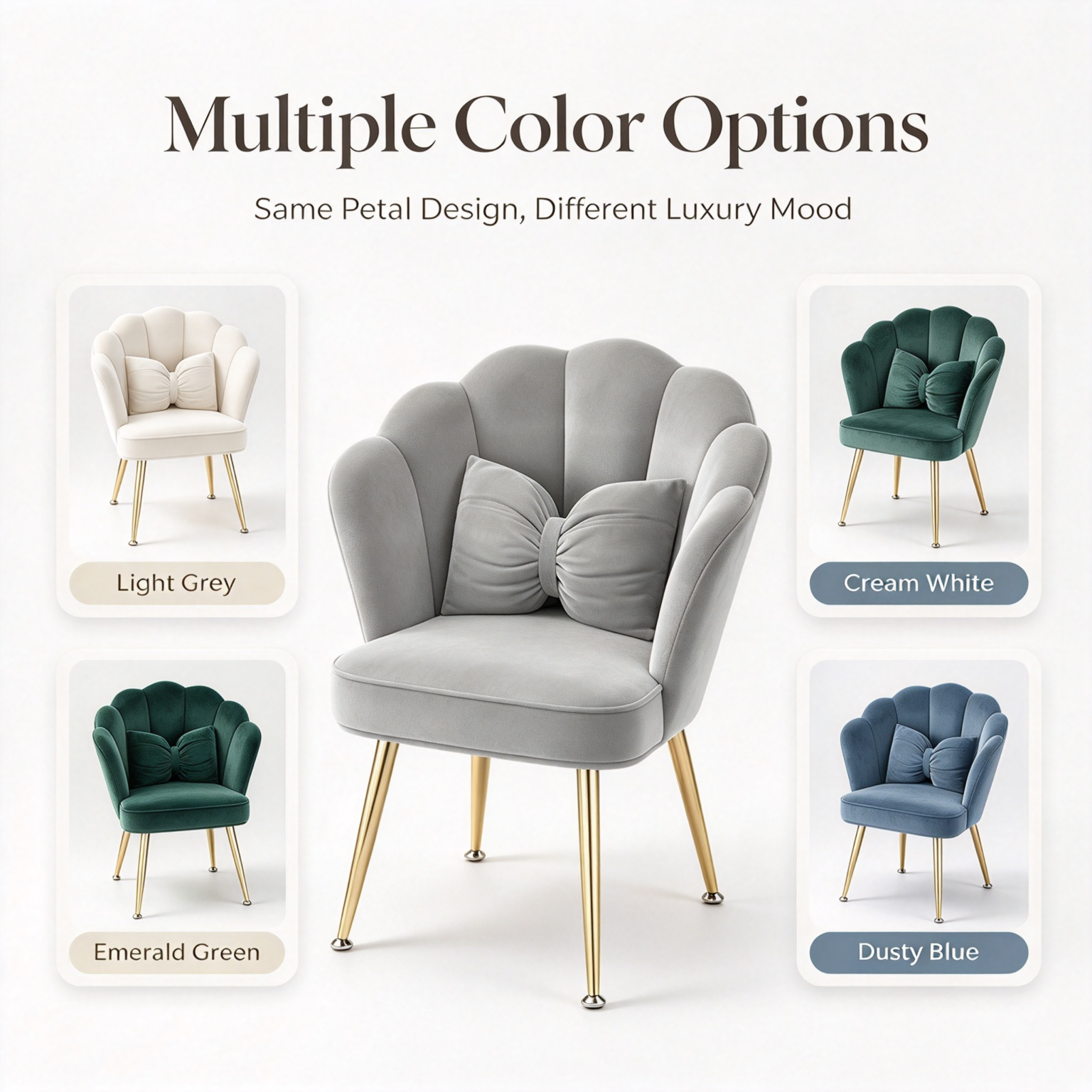 Modern Luxury Velvet Accent Chair | Tulip Petal Dining Chair with Gold Metal Legs for Living Room Bedroom