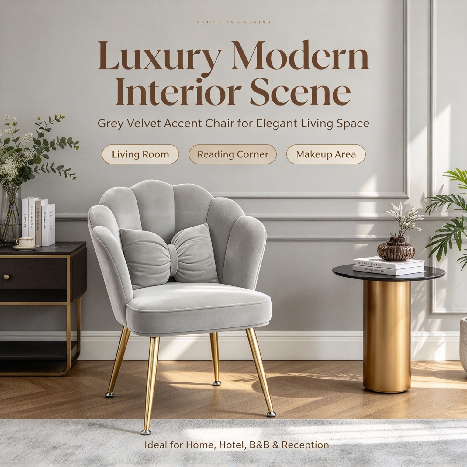 Modern Luxury Velvet Accent Chair | Tulip Petal Dining Chair with Gold Metal Legs for Living Room Bedroom