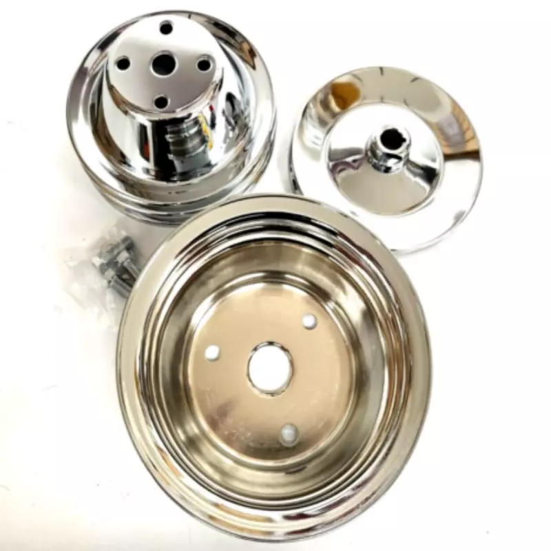 SBC Small Block Chevy 2 Groove Chrome Steel Long Water Pump Pulley Kit 327 350