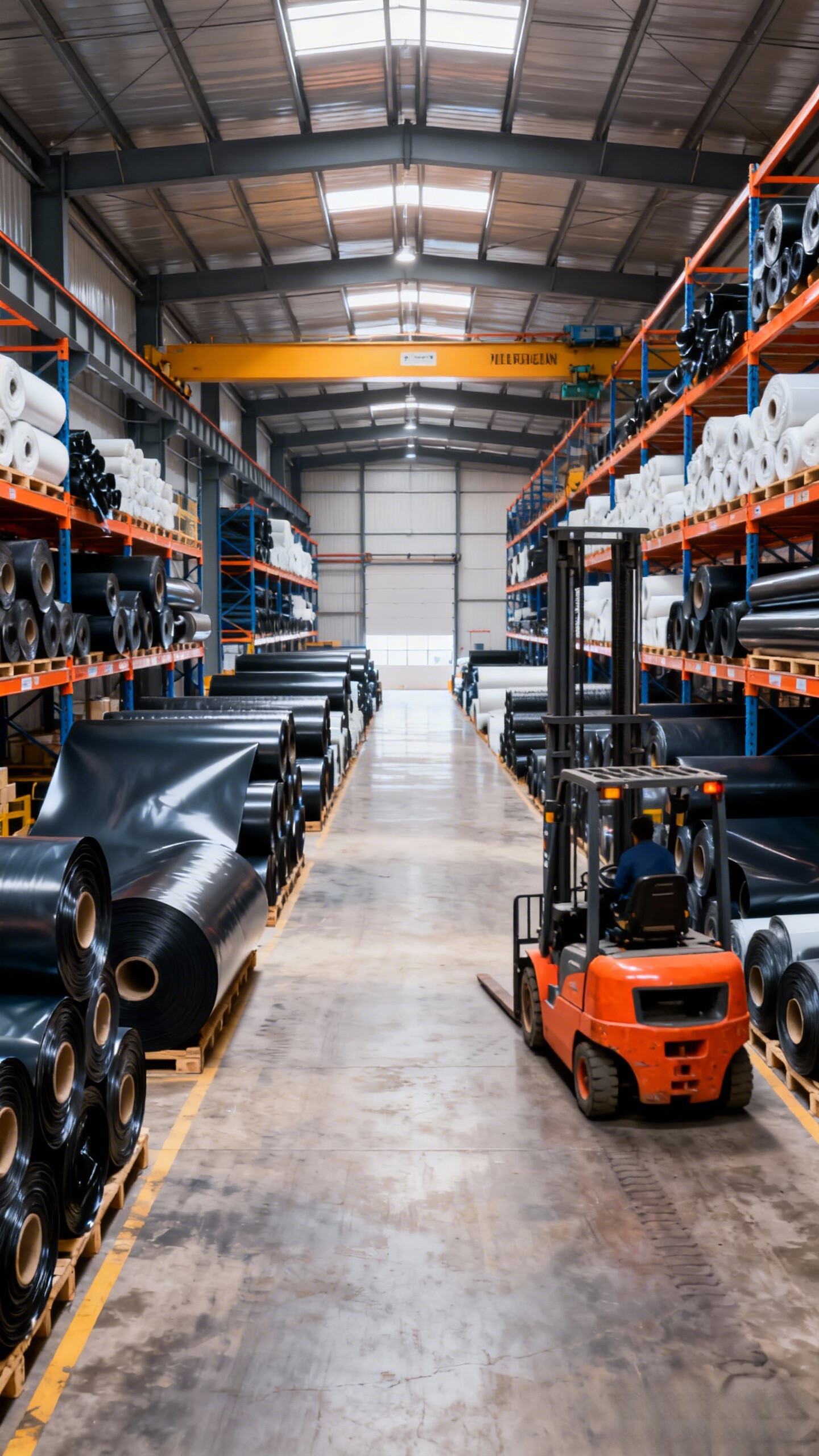 jimeng-2025-12-29-1654-现代工业摄影风格，土工膜成品仓库，各种规格的土工膜卷材整齐堆放，现代化的仓储管理...