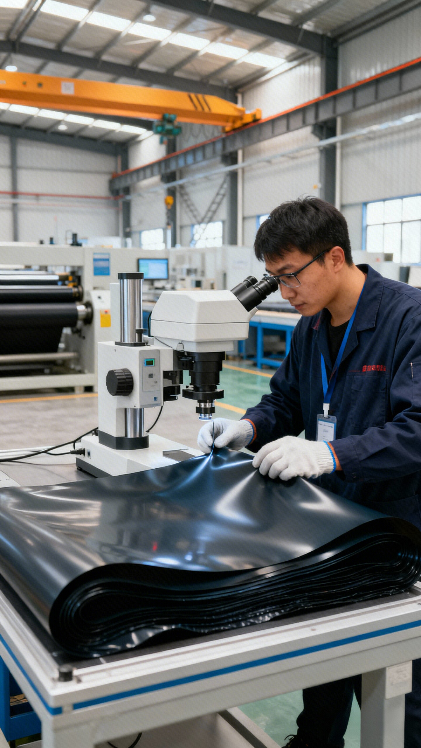 jimeng-2025-12-29-2526-现代工业摄影风格，土工膜质量检测区域，技术人员正在使用专业设备检测产品质量，背景...