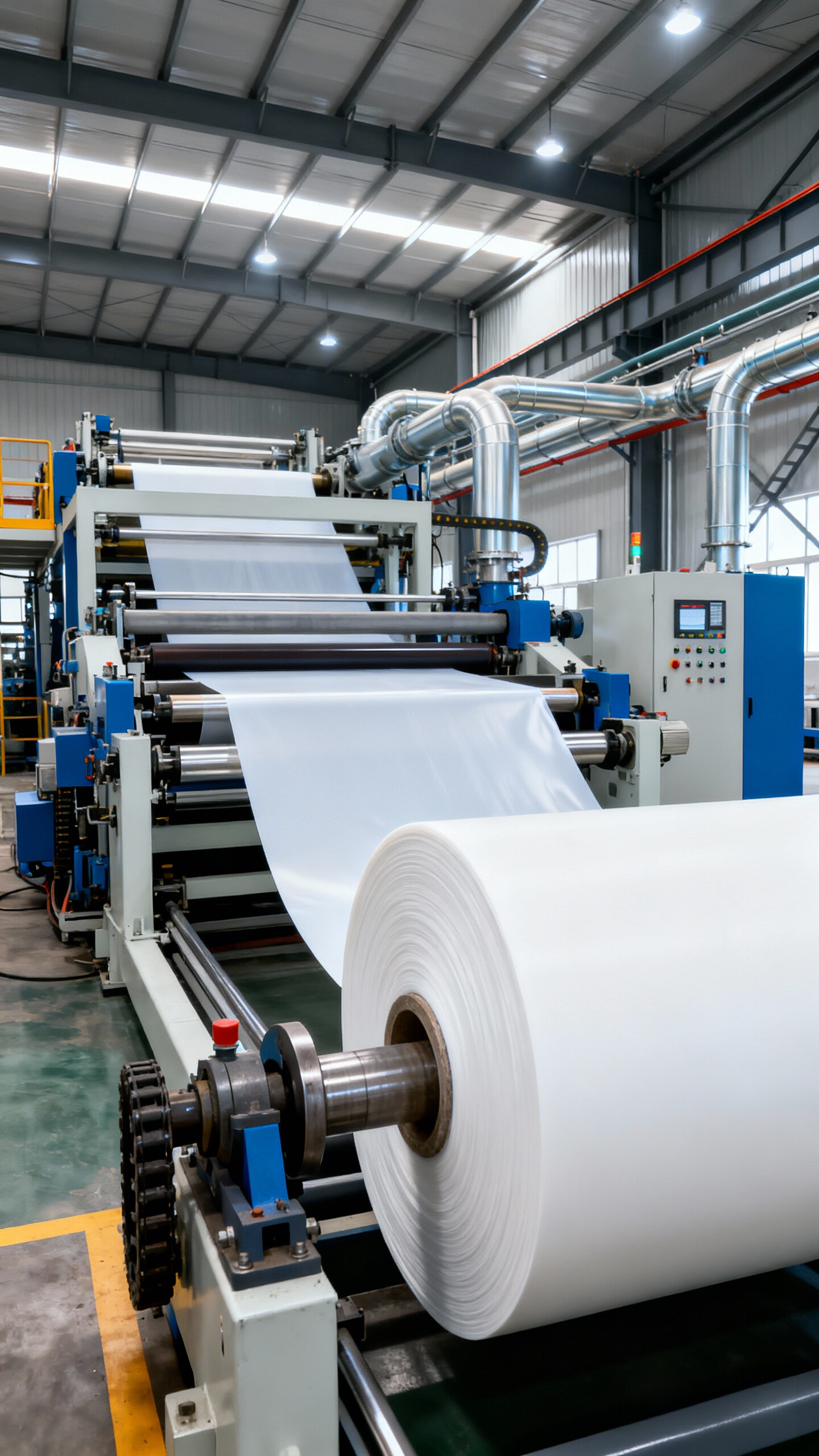 jimeng-2025-12-29-7150-现代工业摄影风格，大型土工膜挤出生产线，白色土工膜卷材在生产线上连续移动，车间内...