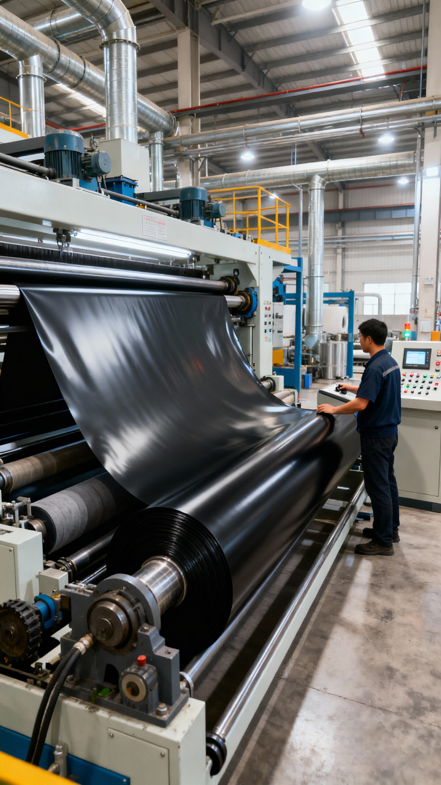 jimeng-2026-01-07-5051-工业摄影风格，大型土工膜生产线，黑色的土工膜材料在机器上连续生产，工人在操作控制_