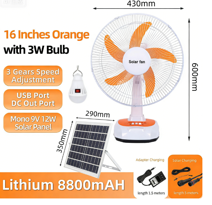 Multifunctional 16 Inch 18 Inch 12V Chargeable Solar Powered Floor Fan with Solar Panel Battery Lamp