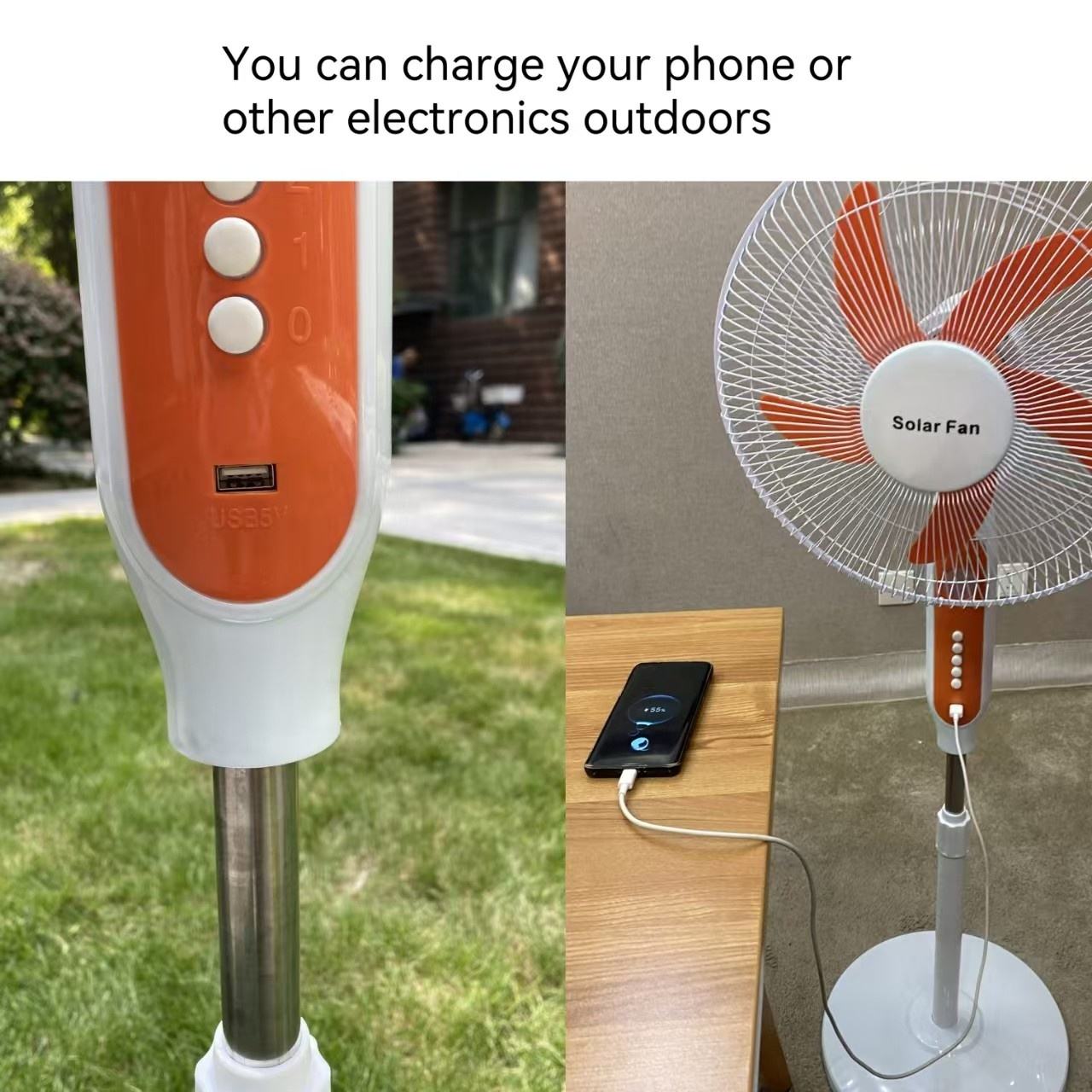 16 Inch Air Cooling Appliance Solar Electric Fan AC DC Adapter Rechargeable Stand Fan DC Table Fan Have LED Light Inside Battery