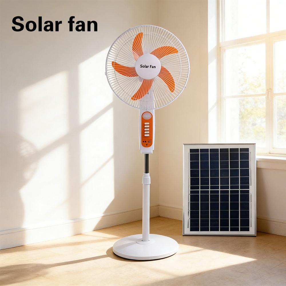 16 Inch Air Cooling Appliance Solar Electric Fan AC DC Adapter Rechargeable Stand Fan DC Table Fan Have LED Light Inside Battery