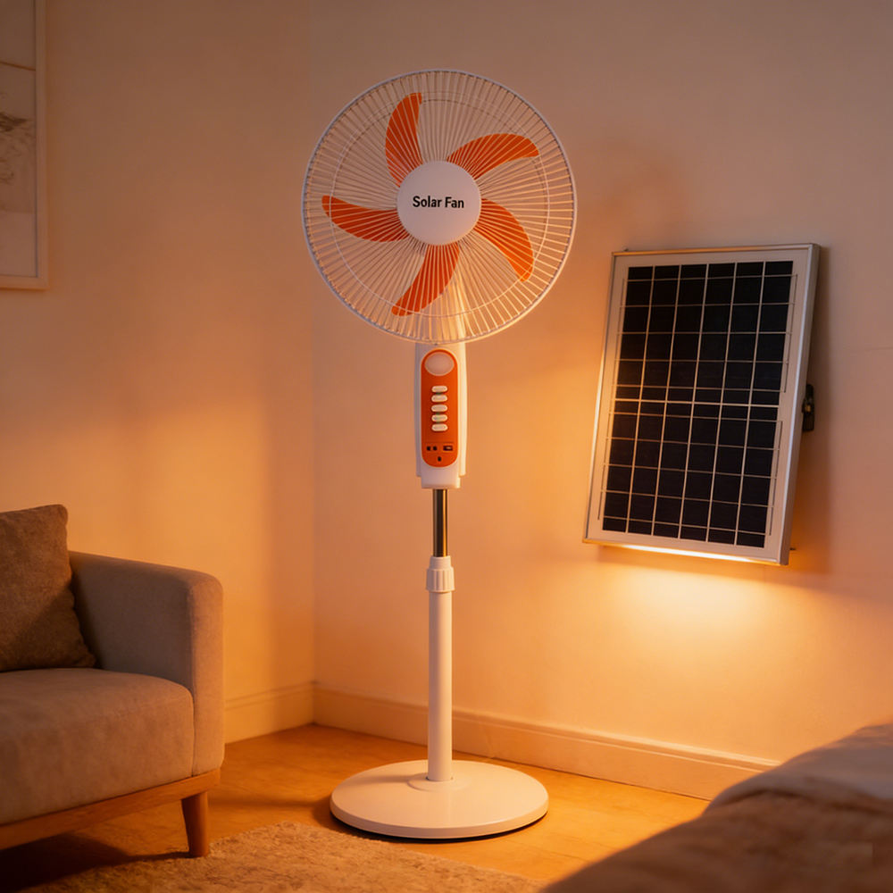 16 Inch Air Cooling Appliance Solar Electric Fan AC DC Adapter Rechargeable Stand Fan DC Table Fan Have LED Light Inside Battery