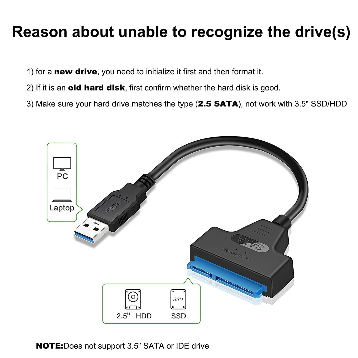 Type C to SATA III Converter Cable 25CM 2.5'' SSD HDD Hard Drive Adapter with PVC Jacket Braid Shielded for Laptop