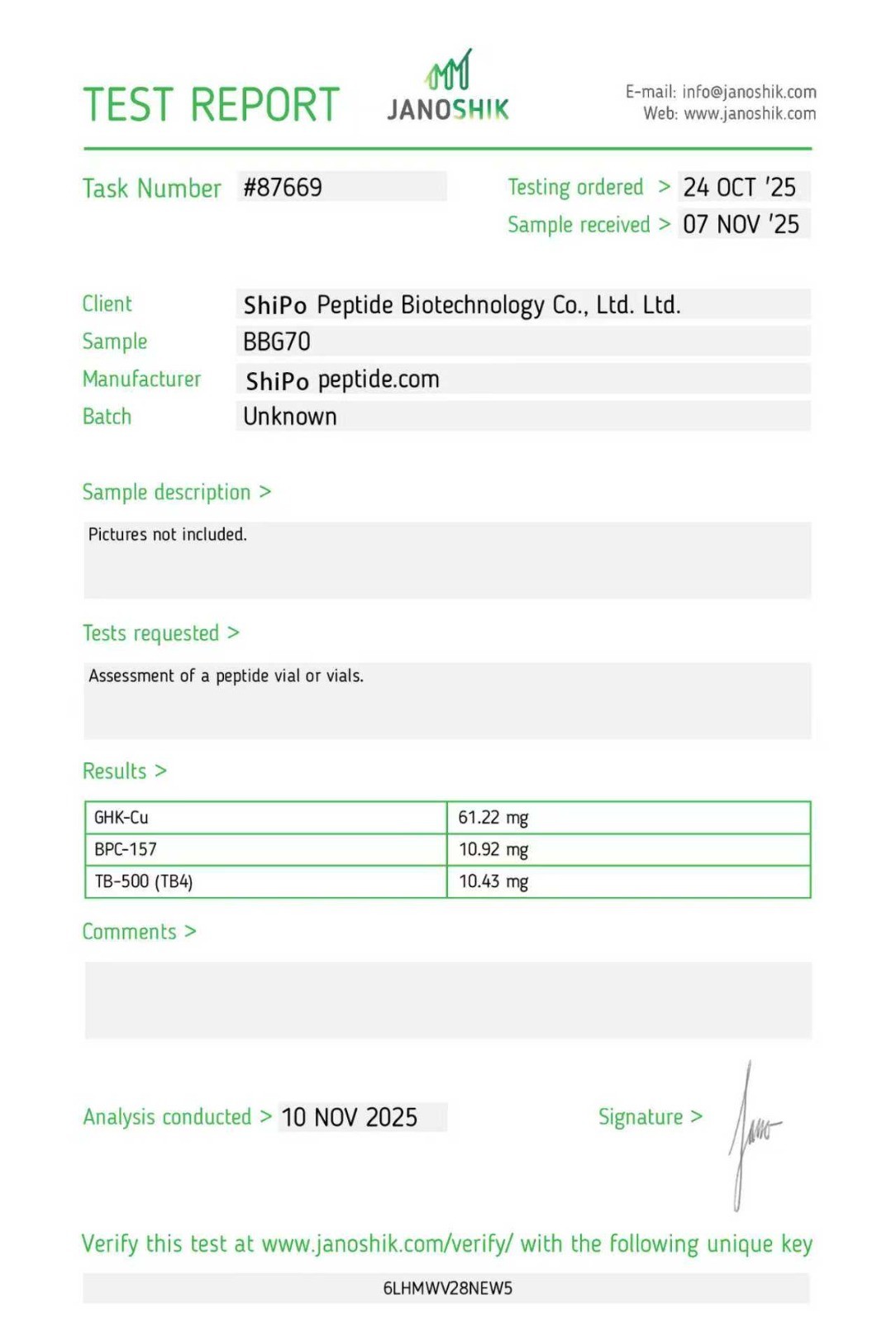 Test Report GLOW70-shipopeptide