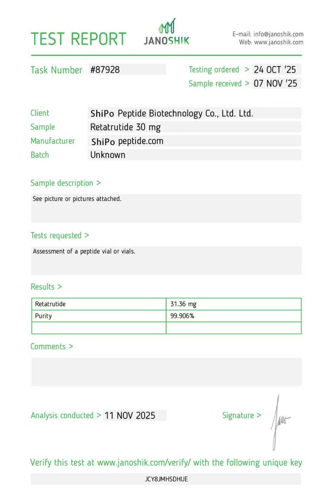 Test Report Reta30-shipopeptide