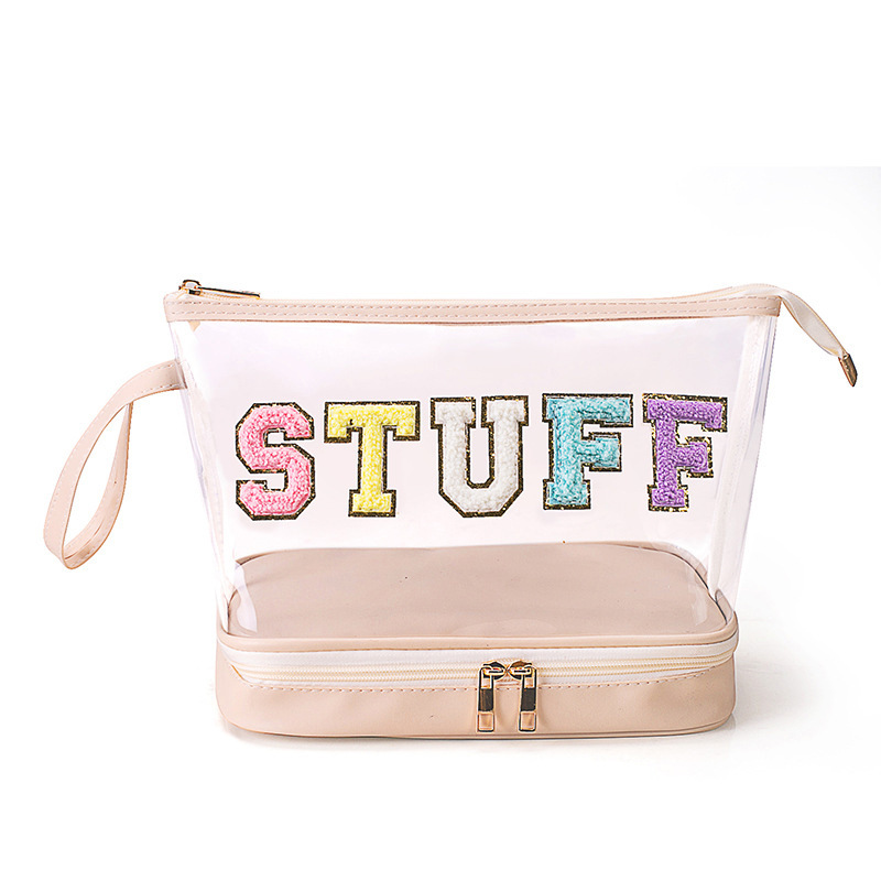 Transparent PVC cosmetic bag, travel wash bag, fresh handbag, embroidered letter, storage for cosmetics and makeup brushes