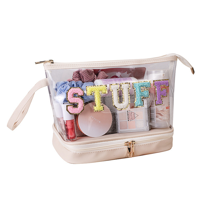 Transparent PVC cosmetic bag, travel wash bag, fresh handbag, embroidered letter, storage for cosmetics and makeup brushes