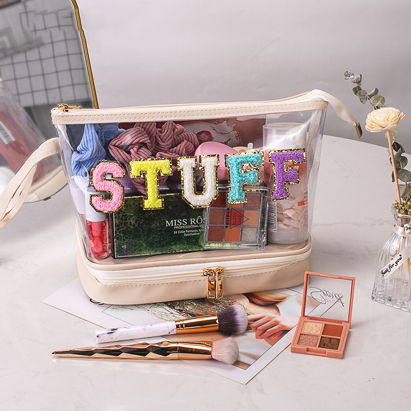 Transparent PVC cosmetic bag, travel wash bag, fresh handbag, embroidered letter, storage for cosmetics and makeup brushes