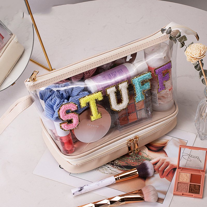 Transparent PVC cosmetic bag, travel wash bag, fresh handbag, embroidered letter, storage for cosmetics and makeup brushes