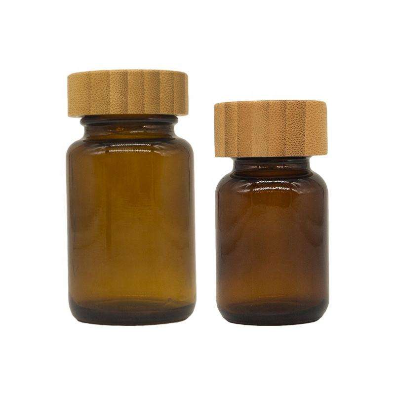Amber Glass Jar with Bamboo Lid for Supplements Vitamins 60ml 100ml 200ml