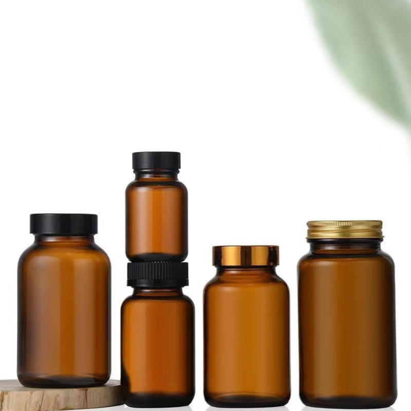 Amber Glass Jar with Bamboo Lid for Supplements Vitamins 60ml 100ml 200ml