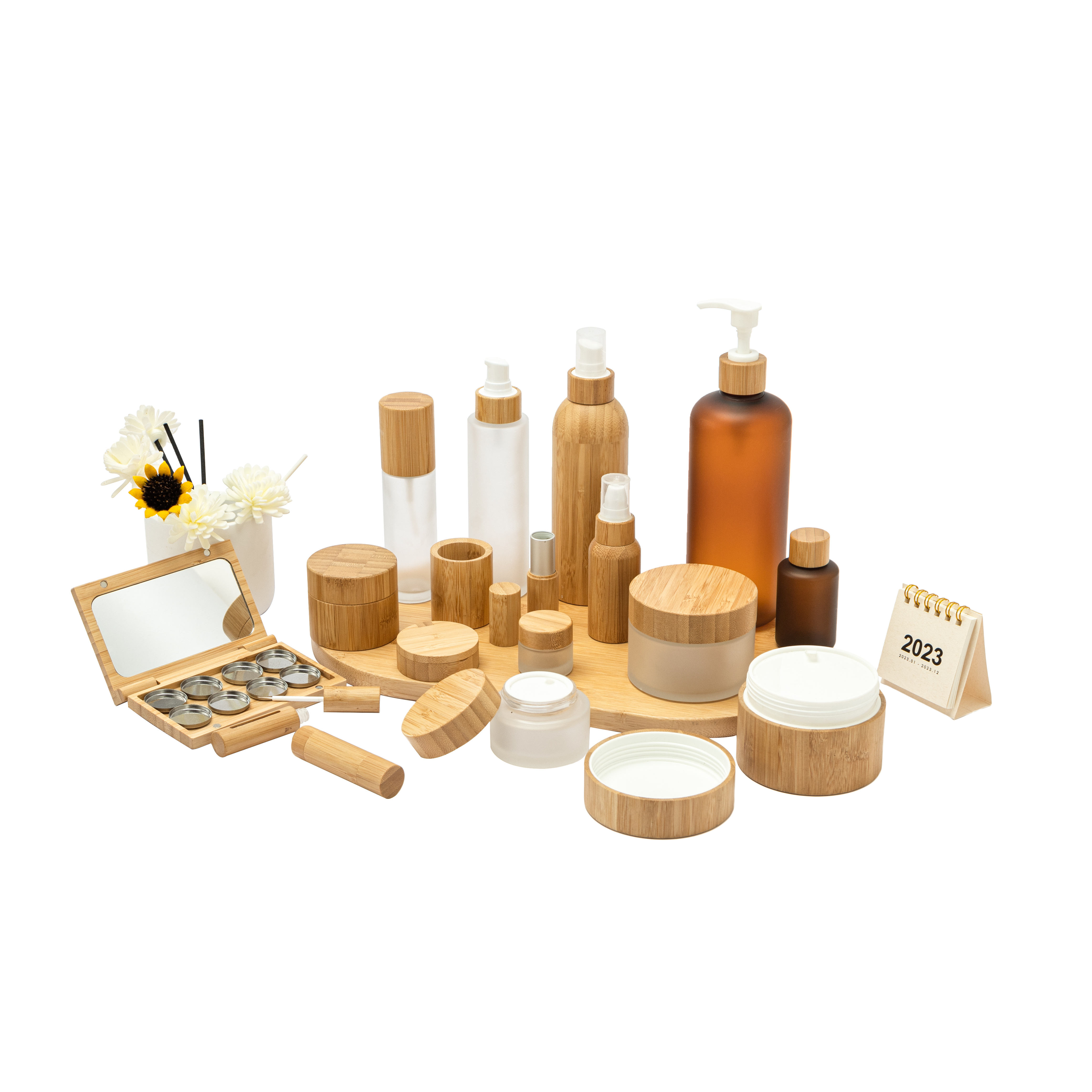 High Quality 100ml Oval Cosmetic Packaging Set Empty Set Clear Frosted Glass Cream Jar with Bamboo Lid Screw Cap Glass Bottle