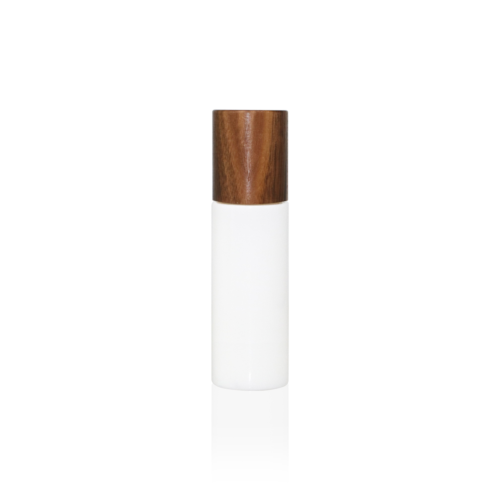 Environmentally friendly reusable-fillable white ceramic skin care lotion bottle with walnut wood screw cap