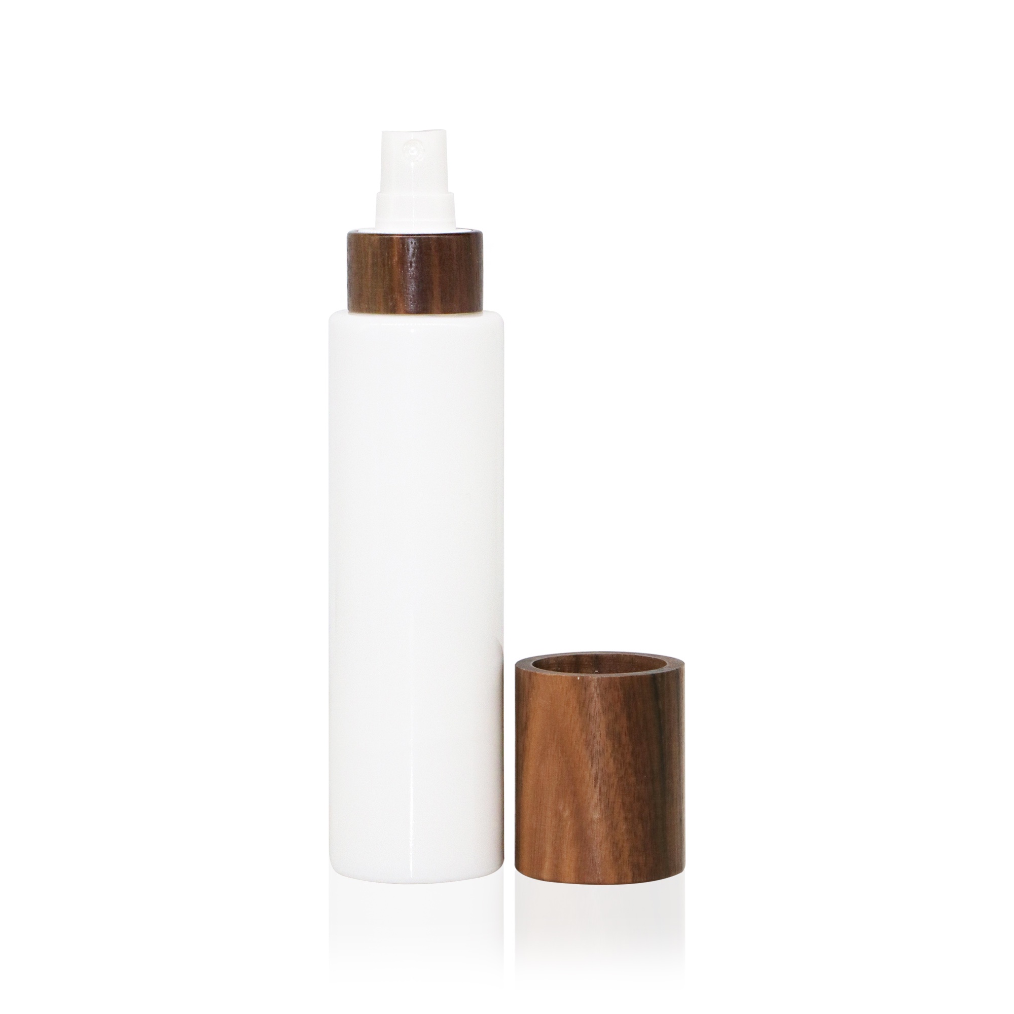 Environmentally friendly reusable-fillable white ceramic skin care lotion bottle with walnut wood screw cap