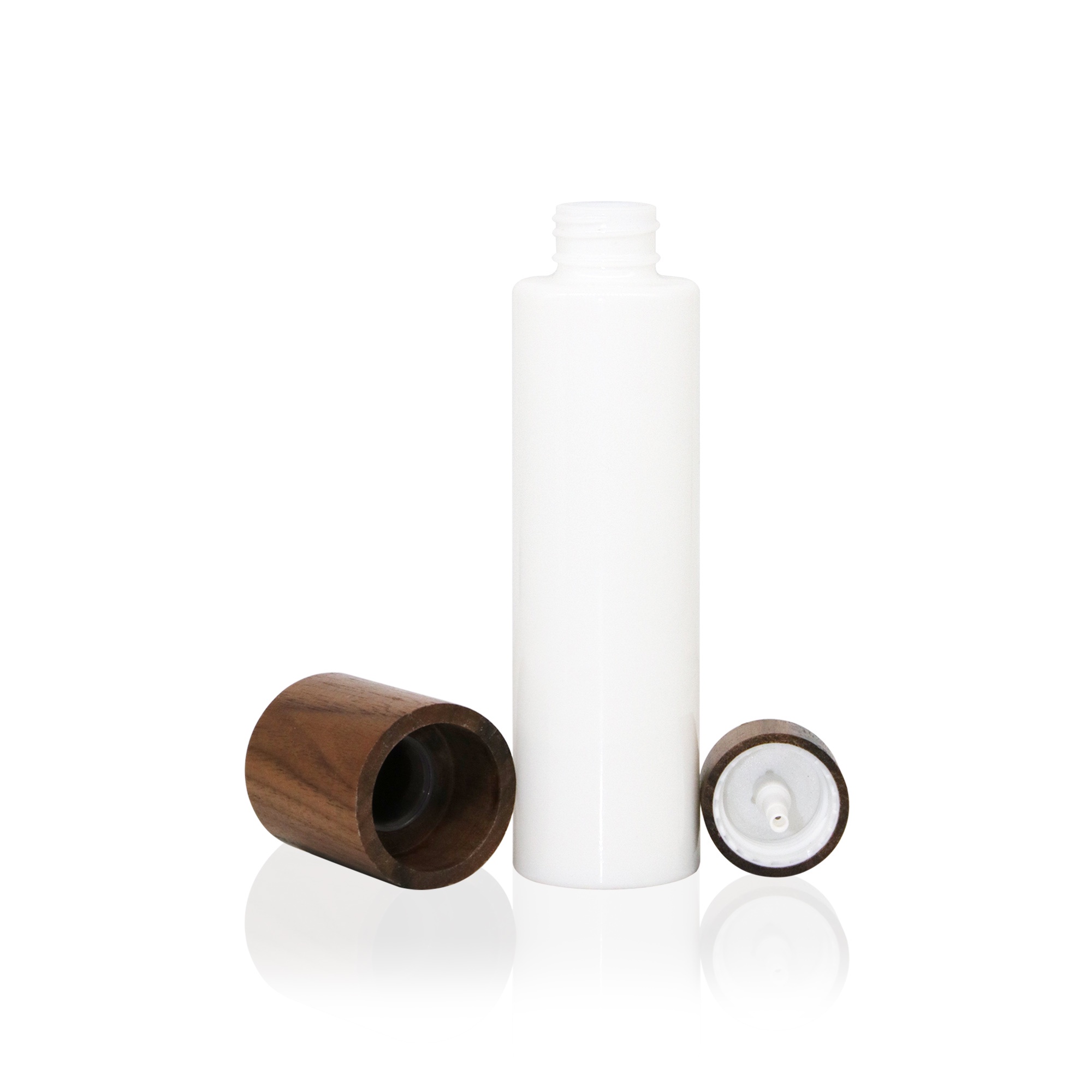 Environmentally friendly reusable-fillable white ceramic skin care lotion bottle with walnut wood screw cap