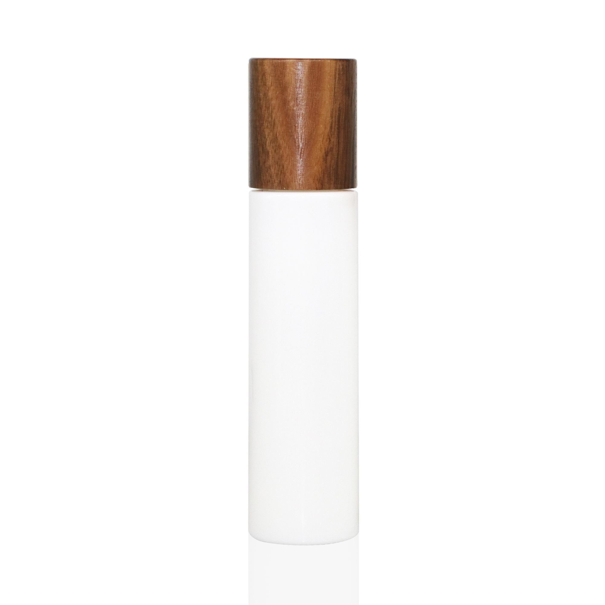 Environmentally friendly reusable-fillable white ceramic skin care lotion bottle with walnut wood screw cap