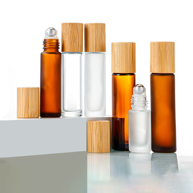 New Engrave Glass Roll on Bottle with Natural Bamboo Cap for Essential Oils Perfume Skincare Packaging Refillable