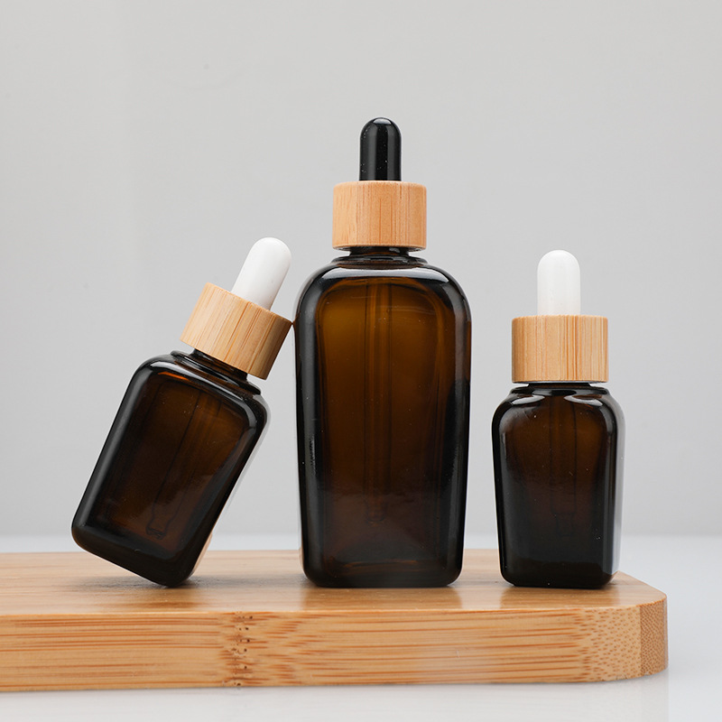 Luxury Square Amber Glass Dropper Bottle with Bamboo Cap Gold Top for Essential Oil Serum 30ml 50ml 100ml Cosmetic Packaging
