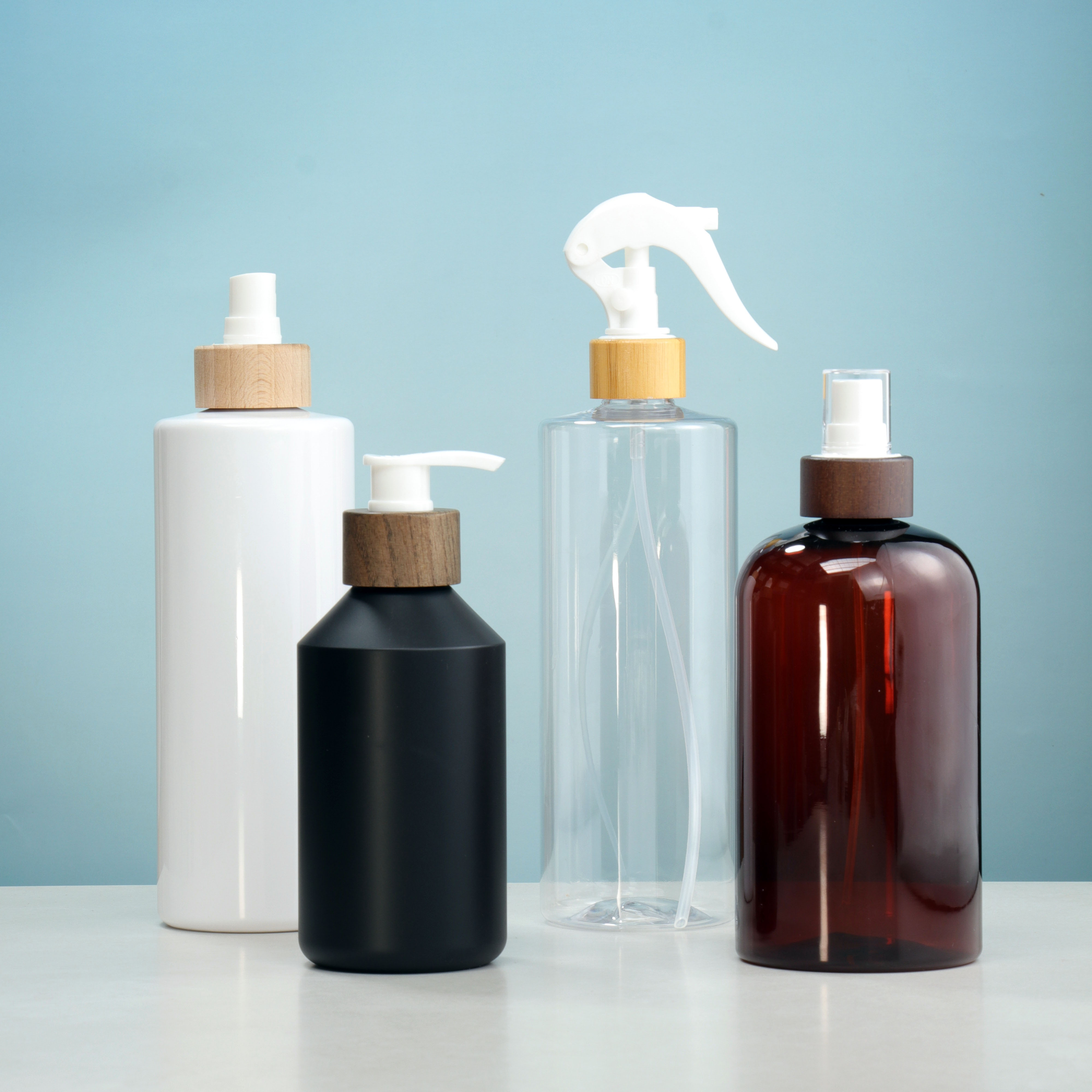 Clear Frosted Pet Material Bottle with Bamboo Lid Lotion Nipple Spray Head 100ml Sizes for Skin Care Serum Shampoo