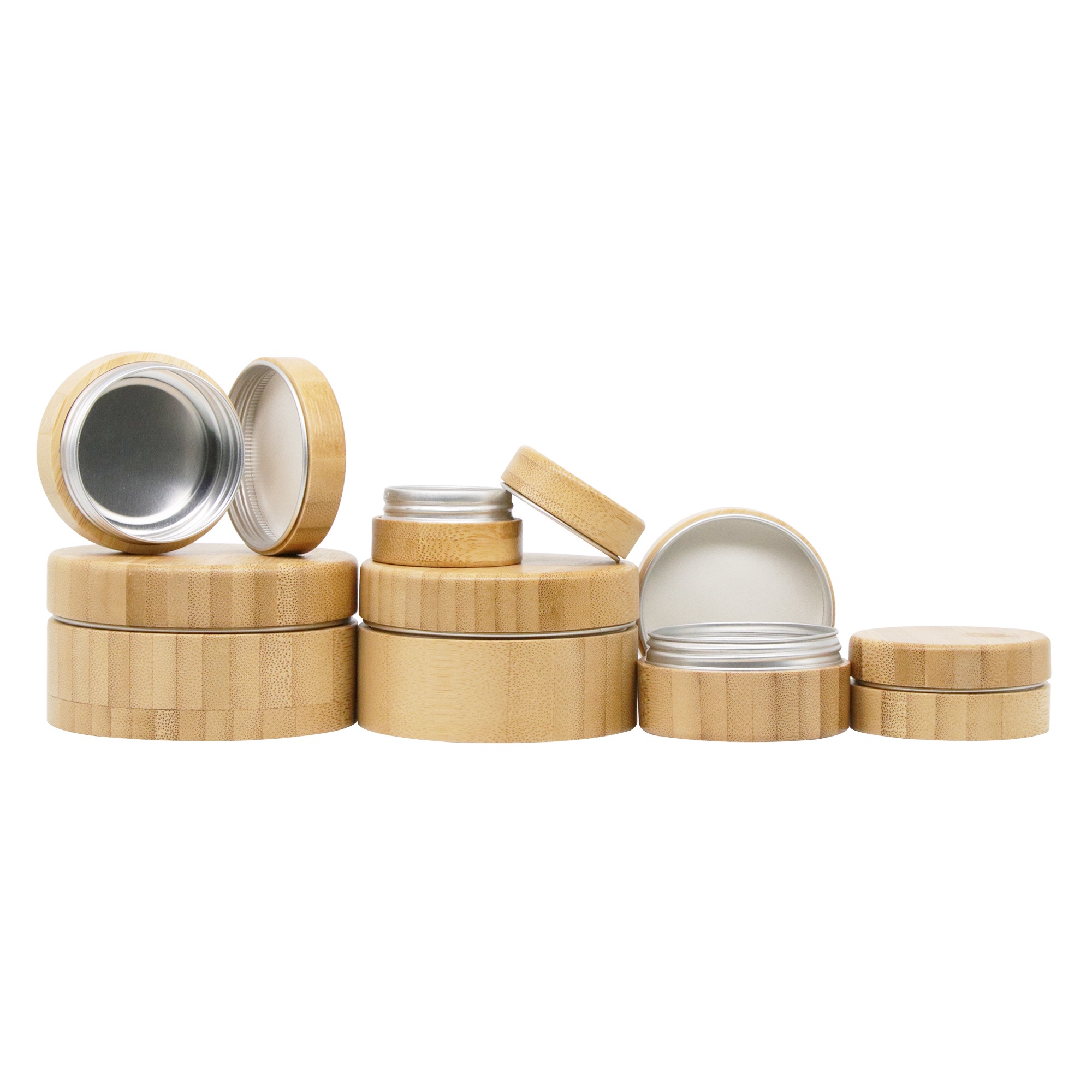 Eco Friendly Empty Cosmetic Container 30ml Round Shape Aluminum All Bamboo Outer Jar with Screw Cap Eco Friendly Empty Cosmetic Container 30ml Round Shape Aluminum All Bamboo Outer Jar with Screw Cap