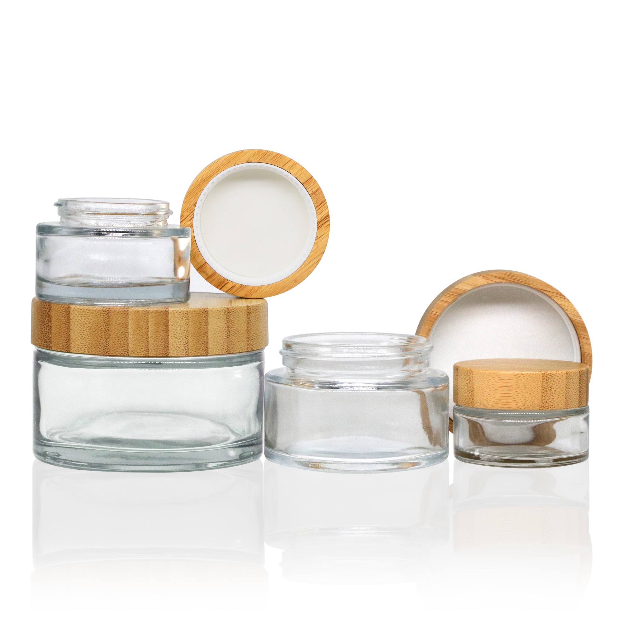 Custom Logo 30g 50ml 100ml 200ml Cosmetic Glass Cream Jar Amber Clear Frosted with Bamboo Lid for Face Body Cream