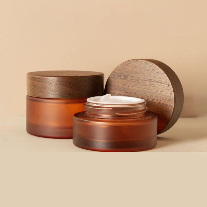 Factory Wood Cover Glass Cosmetic Jars 1oz 1.6oz 3oz Amber Face Eye Cream Jar with Bamboo Lids Custom logo Bamboo Packaging