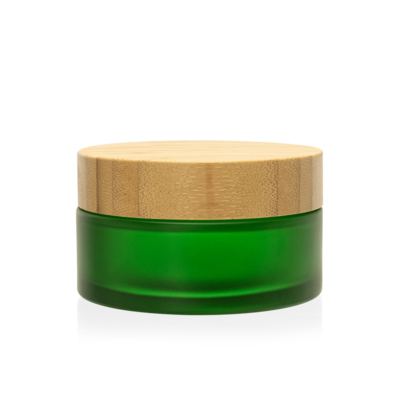 Natural Empty  Bamboo Amber Frosted Blue Glass Cream Jar Cosmetic Packaging Jar With Bamboo Lid