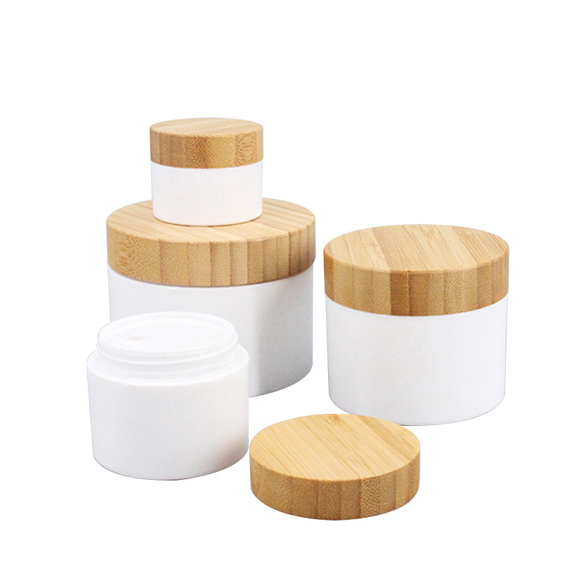 Custom 15g 30g 50g 100g Empty White Cream Packaging Jar PP Plastic Body Butter Containers with Bamboo Lid Custom 15g 30g 50g 100g Empty White Cream Packaging Jar PP Plastic Body Butter Containers with Bamboo Lid