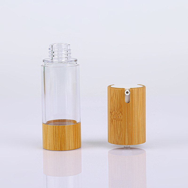 Luxury Wholesale Bamboo Empty PET Lotion Pump Bottle 50ml Essential Oil Perfume Plastic Airless Pump Bottle