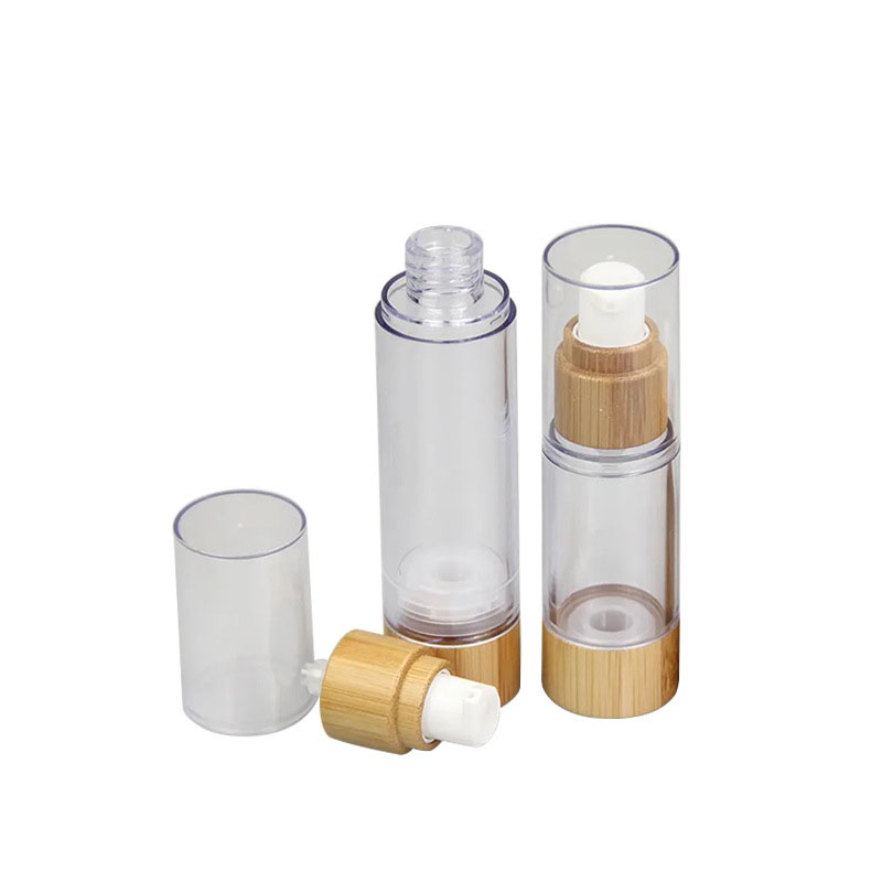 Luxury Wholesale Bamboo Empty PET Lotion Pump Bottle 50ml Essential Oil Perfume Plastic Airless Pump Bottle