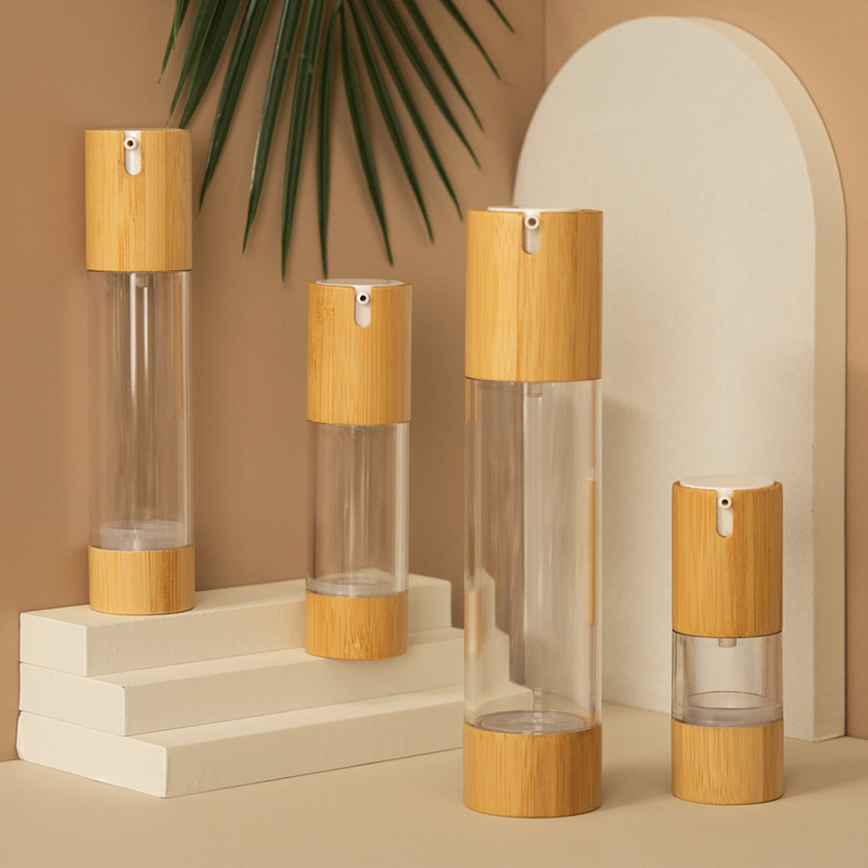 Luxury 100ml Bamboo Cosmetic Airless Pump Bottles Facial Cream Serum Lotion Pump Dispenser Silk Screen Printing Luxury 100ml Bamboo Cosmetic Airless Pump Bottles Facial Cream Serum Lotion Pump Dispenser Silk Screen Printing