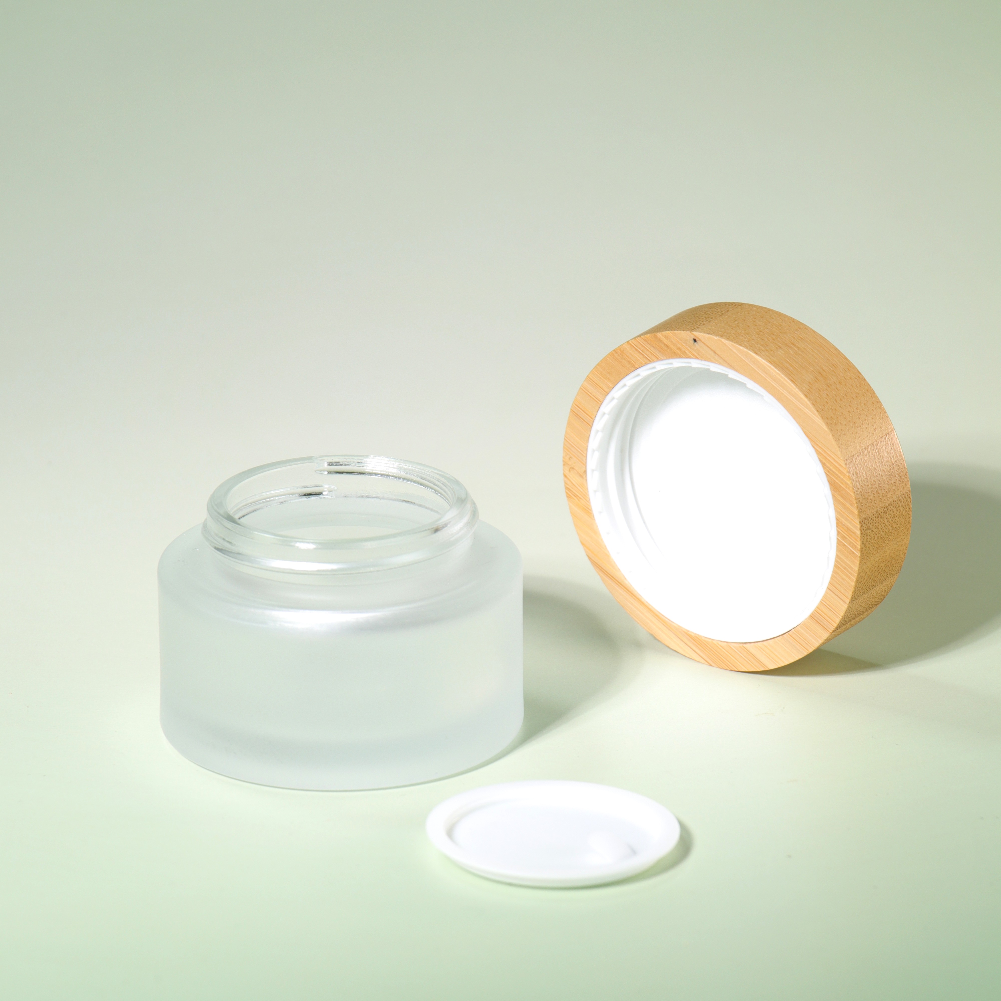 High Quality Face Skin Care Jar Container 5g 10g 20g 50g Bamboo Lid Frosted Clear Glass Jar