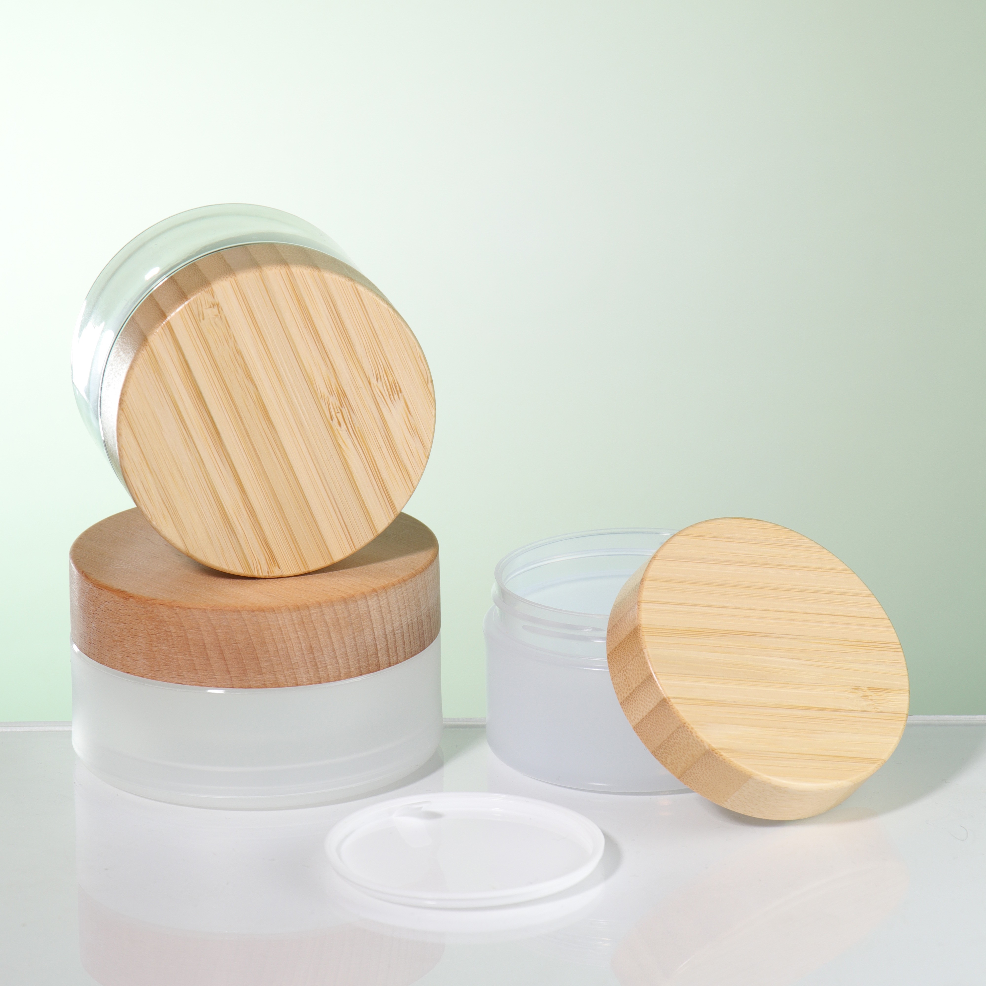 High Quality Face Skin Care Jar Container 5g 10g 20g 50g Bamboo Lid Frosted Clear Glass Jar